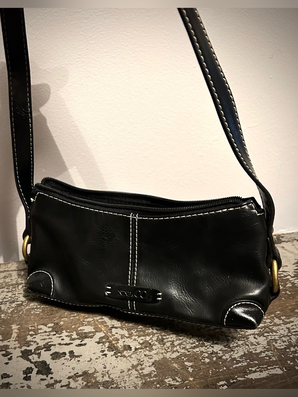 Black Leather Crossbody Bag with White Stitching. Authentic Y2K baguette purse